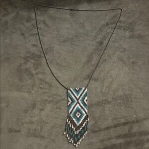 Vintage Woven Seed Bead Fringe Necklace | Blue & Brown Diamond Pattern